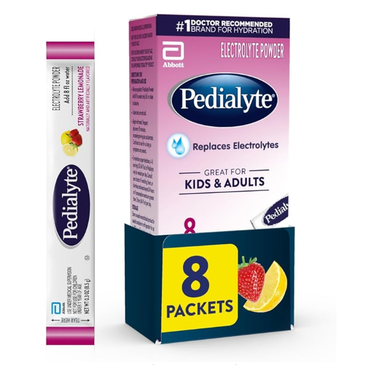 Pasteur Pharmacy Pedialyte electrolyte sports and energy drink in lemon flavor, 8 packs of 68 grams each, for hydration.
