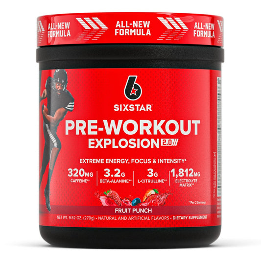 Six Star Pre-Workout Explosion 2.0 sports energy drink in Fruit Punch flavor, 9.52 ounces, with vibrant fruit punch color.