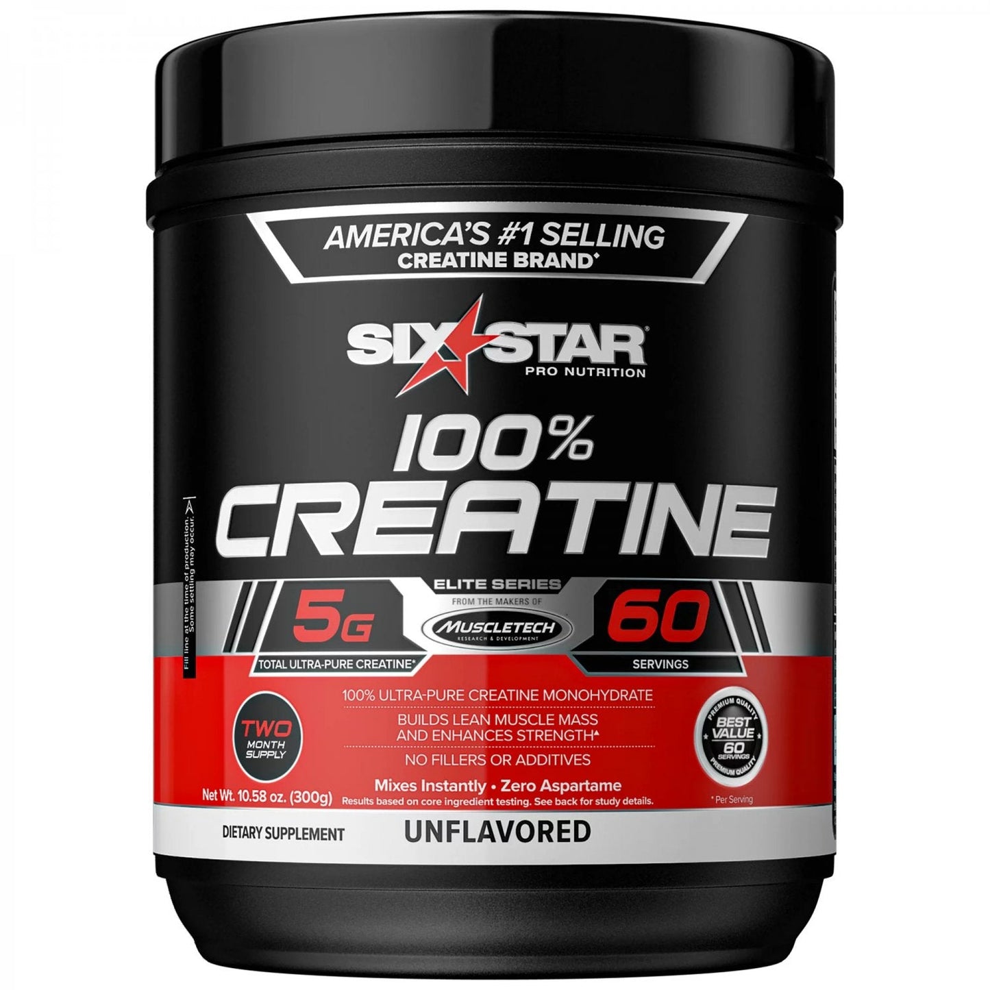 Six Star Pro Nutrition 100% Creatine unflavored powder in a 10.58 oz container, ideal for sports and energy supplement use.