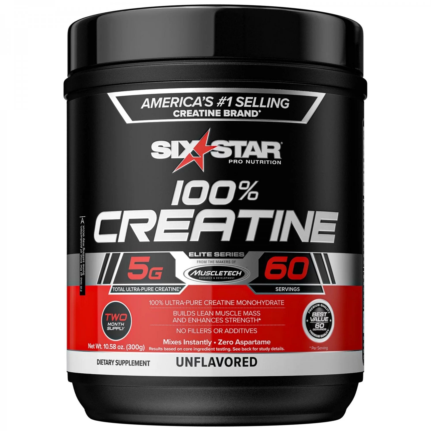 Six Star Pro Nutrition 100% Creatine unflavored powder in a 10.58 oz container, ideal for sports and energy supplement use.