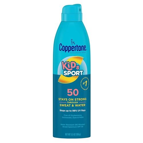 Coppertone SPF 50 Kids Sport Spray sunscreen in 5.5oz bottle, designed for active children, by Pasteur Pharmacy.