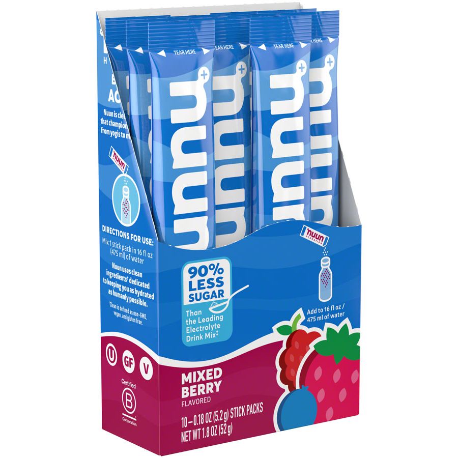 Nuun Sport Powder in Mixed Berry flavor, box of 10, sports nutrition supplement for hydration and energy.