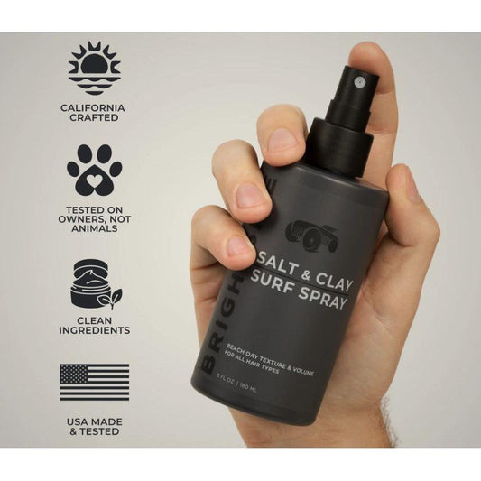 Brightside Salt & Clay Surf Spray from Pasteur Pharmacy, 6 oz spray bottle with salt and clay for beachy hair texture.