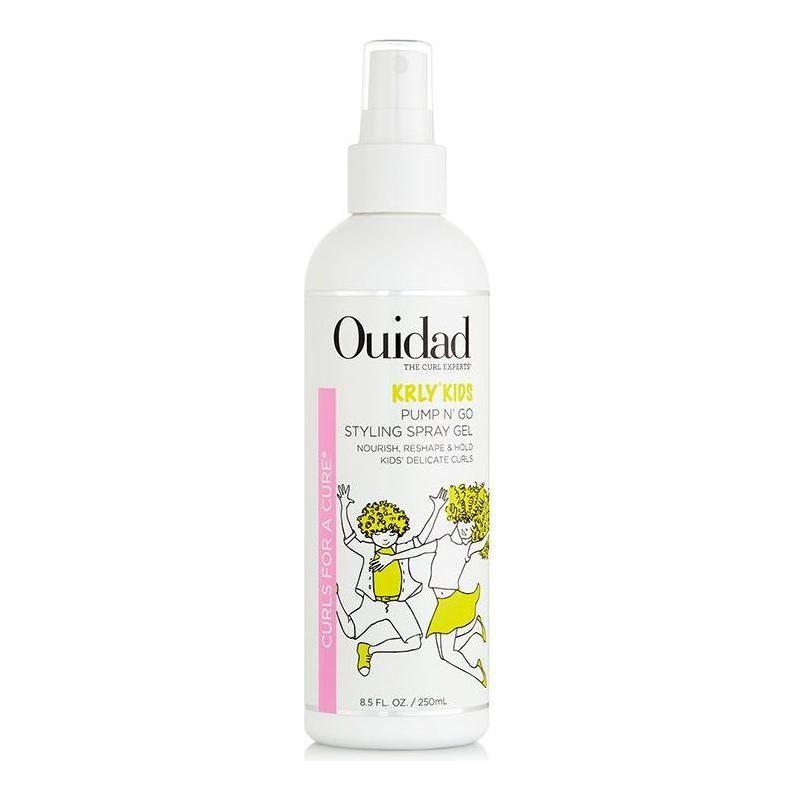 Ouidad KRLY Kids Pump'n Go Spray Gel in 8.5 oz bottle, lightweight spray gel for kids' hair styling, displayed on white background.
