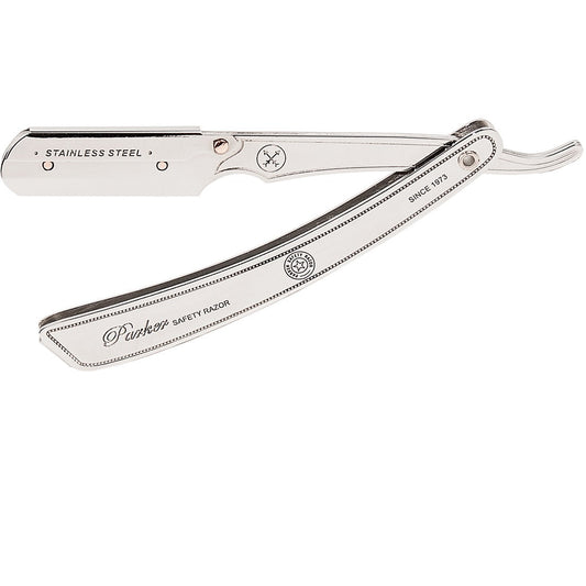 Parker Heavy-Duty Stainless Steel Handle Clip Type Barber Straight Razor for grooming and shaving.