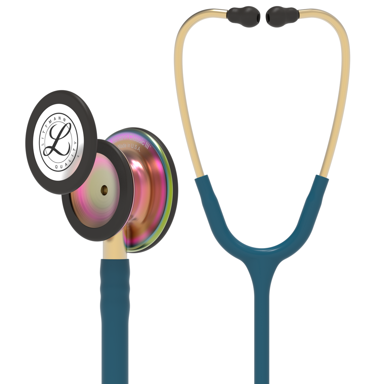 Littmann Classic III Rainbow Finish Monitoring Stethoscope in Caribbean Blue, with dual head and soft eartips.