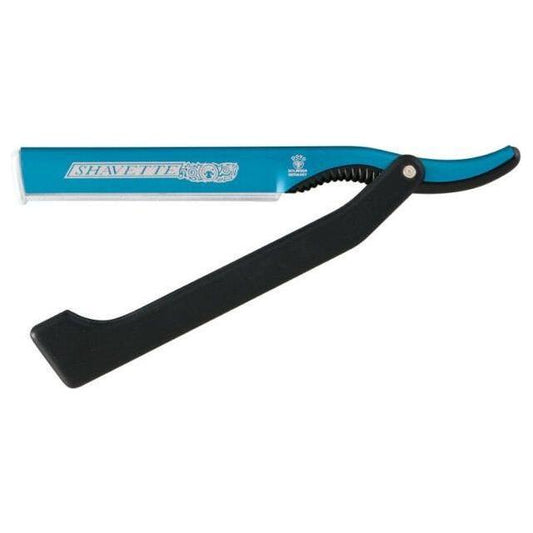 Dovo Blue Shavette satin finish straight razor with red holder, showcasing the sleek blade and stylish design.