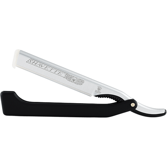 Dovo Shavette straight razor with black handle, featuring a sleek design and stainless steel blade for precise shaving.