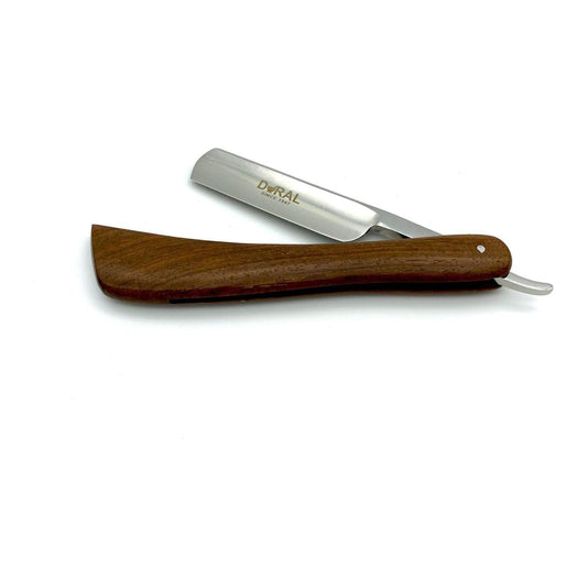 Dural Edge Heavy Duty Sheesham Wood Straight Razor by Pasteur Pharmacy, featuring a polished straight razor with wooden handle.