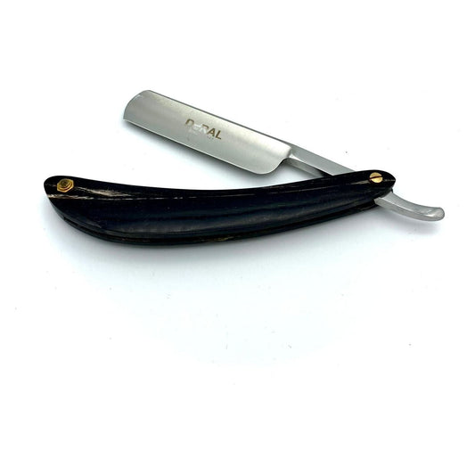 Dural Edge Heavy Duty Grey Marble Wood Straight Razor with stainless steel blade, sleek handle, and ergonomic design.