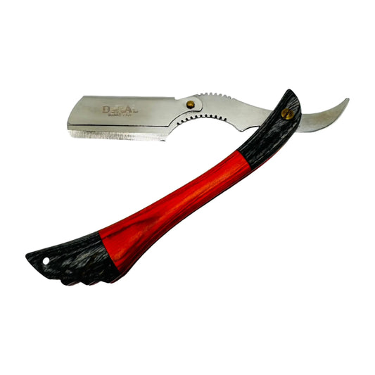 Dural Edge heavy-duty straight razor with orange and grey wings wood handle, designed for precise shaving by Pasteur Pharmacy.