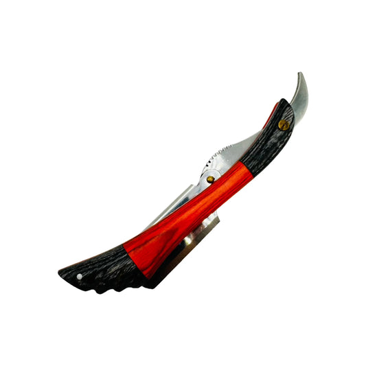 Dural Edge heavy-duty straight razor with orange and grey wings wooden handle, designed for precise grooming by Pasteur Pharmacy.