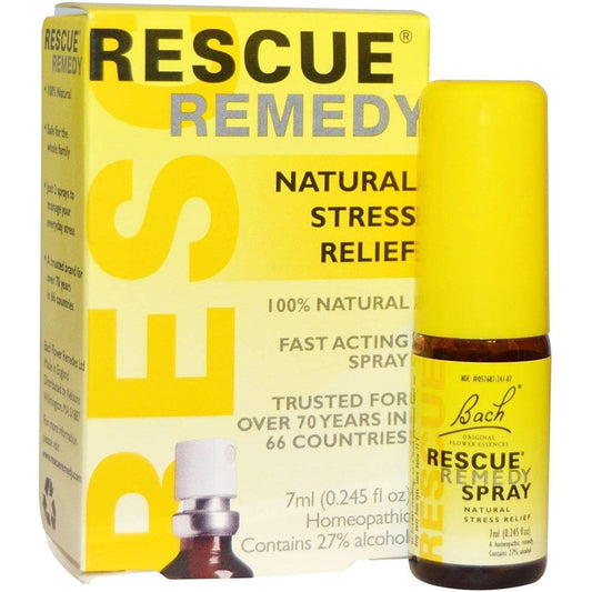 Pasteur Pharmacy Bach Flower Rescue Remedy Stress Relief Spray in 0.25 oz bottle, natural stress relief spray with floral ingredients.