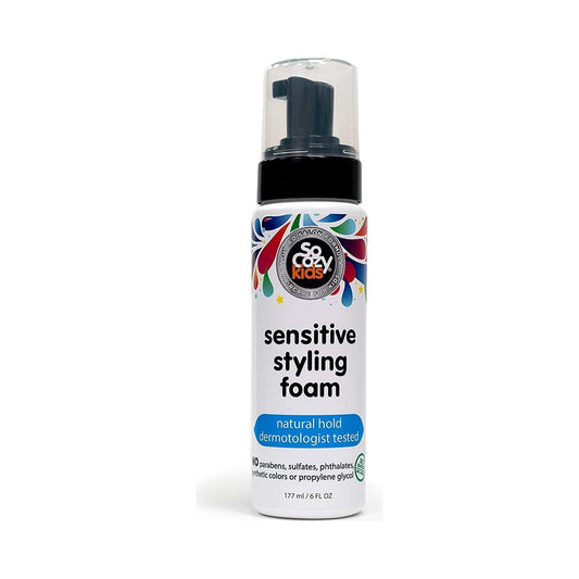 So Cozy Kids Sensitive Styling Foam by Pasteur Pharmacy, 6 oz bottle, displaying the foam product for children's hair styling.