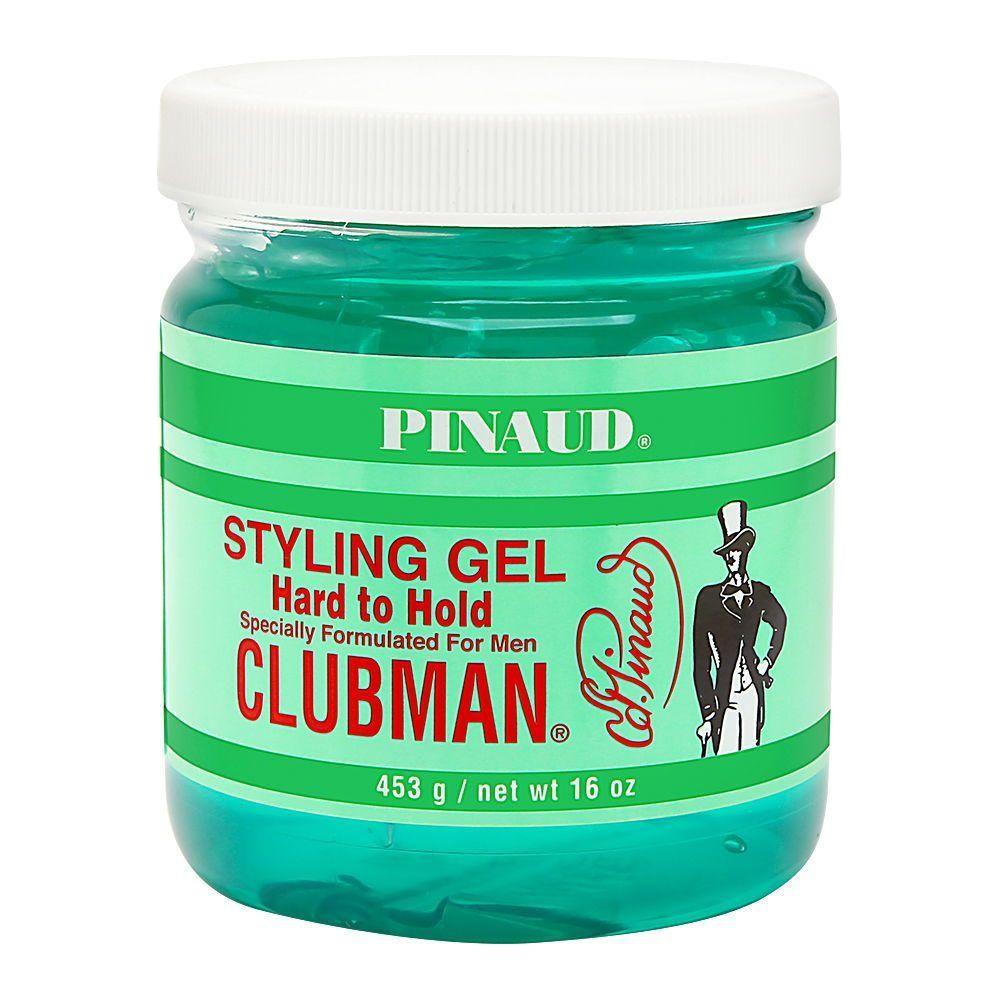 Clubman Pinaud Hard To Hold Styling Gel in a 16 oz container, offers strong hold for styling hair effectively.