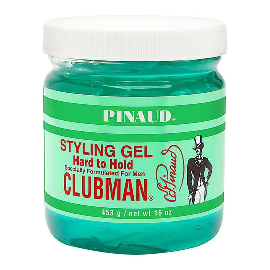 Clubman Pinaud Hard To Hold Styling Gel in a 16 oz container, offers strong hold for styling hair effectively.