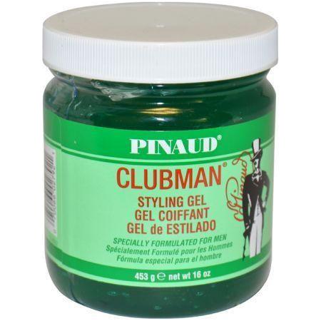 Clubman Pinaud Styling Gel 16 oz in a clear container, showing the gel's texture and the product packaging with branding.