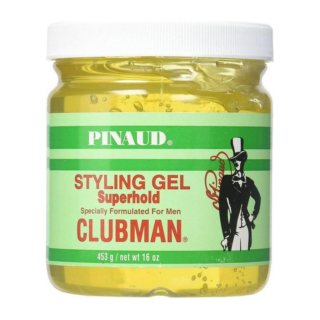 Clubman Pinaud Styling Gel Super Hold in 16 oz container, featuring clear gel for strong, lasting hairstyle hold.