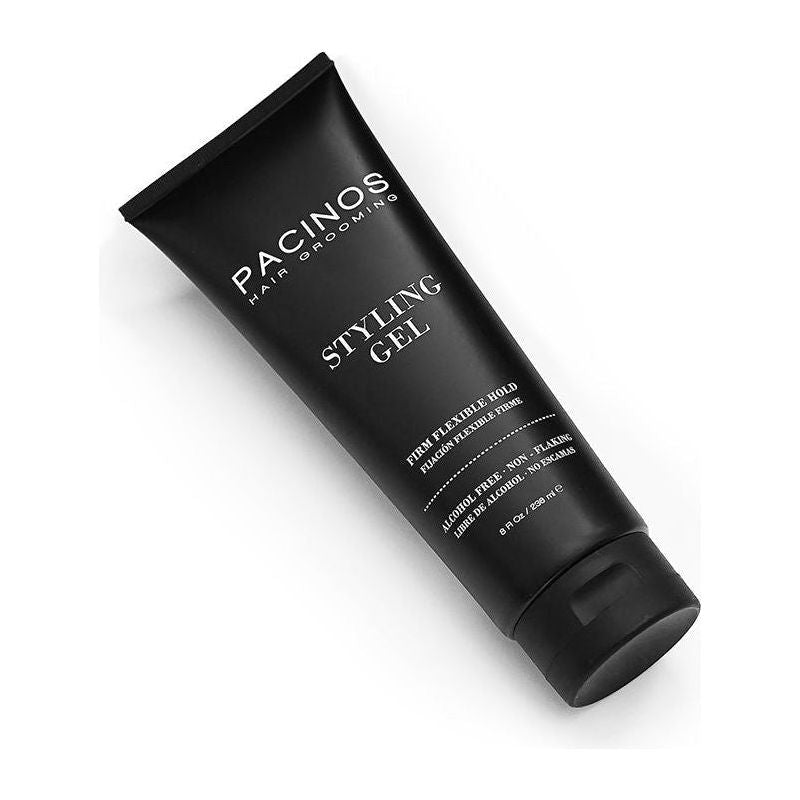 Pacinos Styling Gel in 8 oz bottle, provides strong hold and shine for all-day hairstyles, from Pasteur Pharmacy.