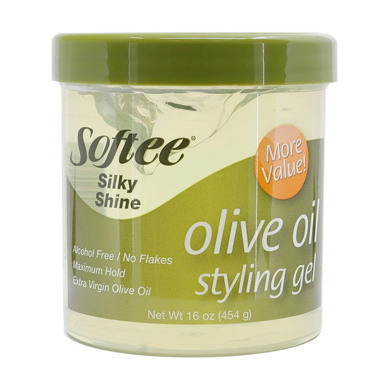 Softee Silky Shine Olive Oil Styling Gel in 16 oz jar, clear gel with olive oil, is styled on a bathroom counter.