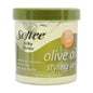 Softee Silky Shine Olive Oil Styling Gel in 16 oz jar, clear gel with olive oil, is styled on a bathroom counter.