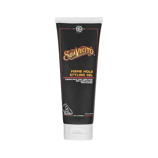 Suavecito Firme strong hold styling gel in an 8 oz bottle, ideal for firm hair styling and control.