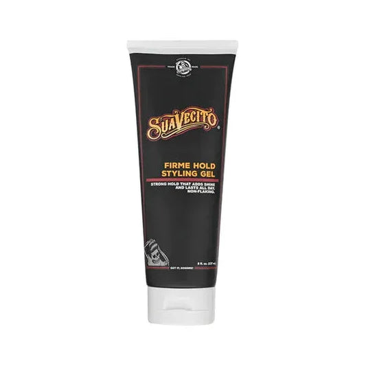 Suavecito Firme strong hold styling gel in an 8 oz bottle, ideal for firm hair styling and control.