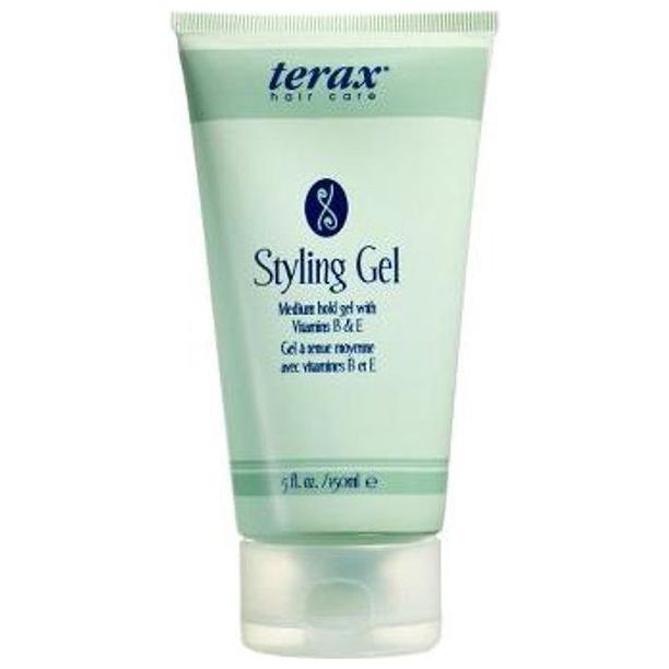 Pasteur Pharmacy Terax Hair Care Styling Gel in 5 fl oz bottle, shown with gel on hair for styling and hold.