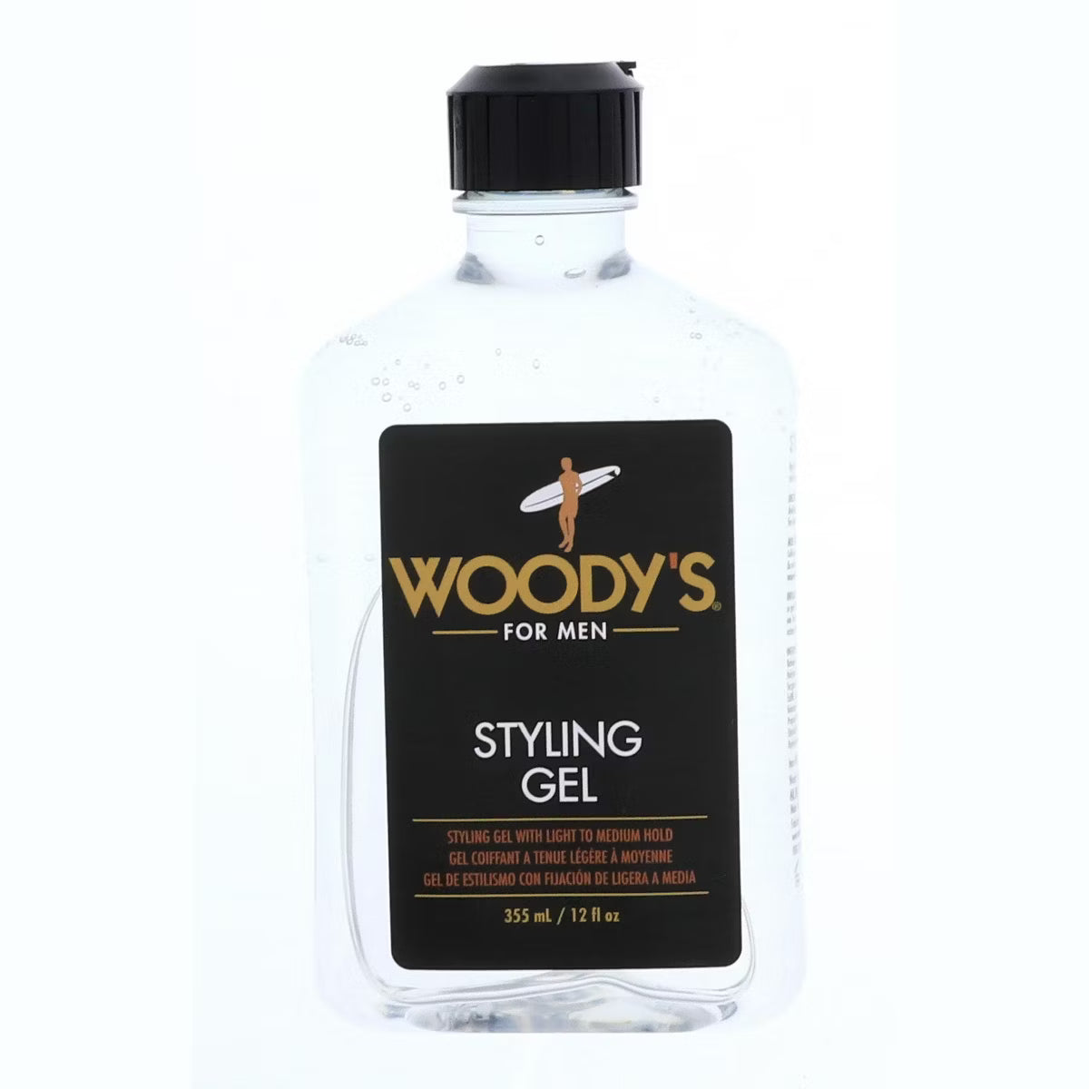 12oz bottle of Woody's For Men Styling Gel by Pasteur Pharmacy, showing the gel's container and label with product details.