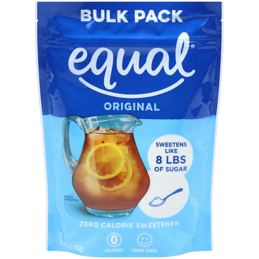 Equal Original Sweetener 1 lb, artificial sugar substitute from Pasteur Pharmacy, shown in a clear container with a white lid.