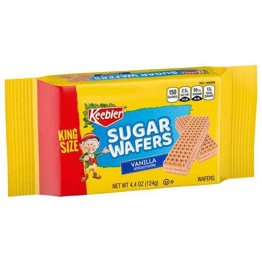 Keebler King Size Vanilla Sugar Wafers 4.4oz, 9 count, in a clear package showing golden vanilla wafers with vanilla flavoring.