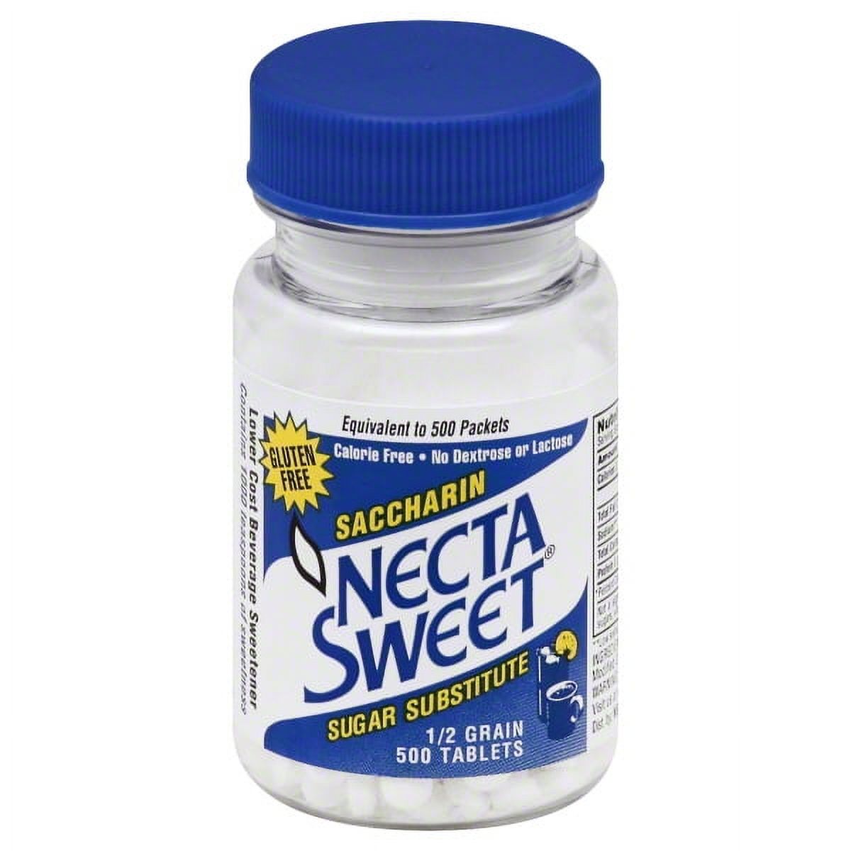 Necta Sweet Saccharin sugar substitute tablets from Pasteur Pharmacy, 0.5 grain, in blister pack, used as a low-calorie sweetener.
