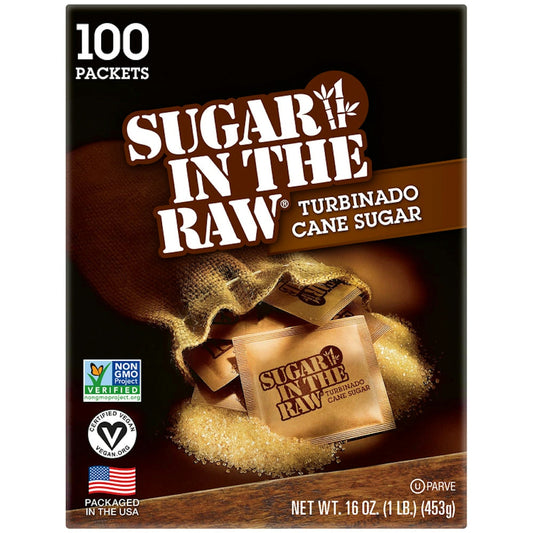 Pack of 100 Sugar In The Raw Turbinado Cane packets from Pasteur Pharmacy, 16 oz, natural sugar and sweetener product.