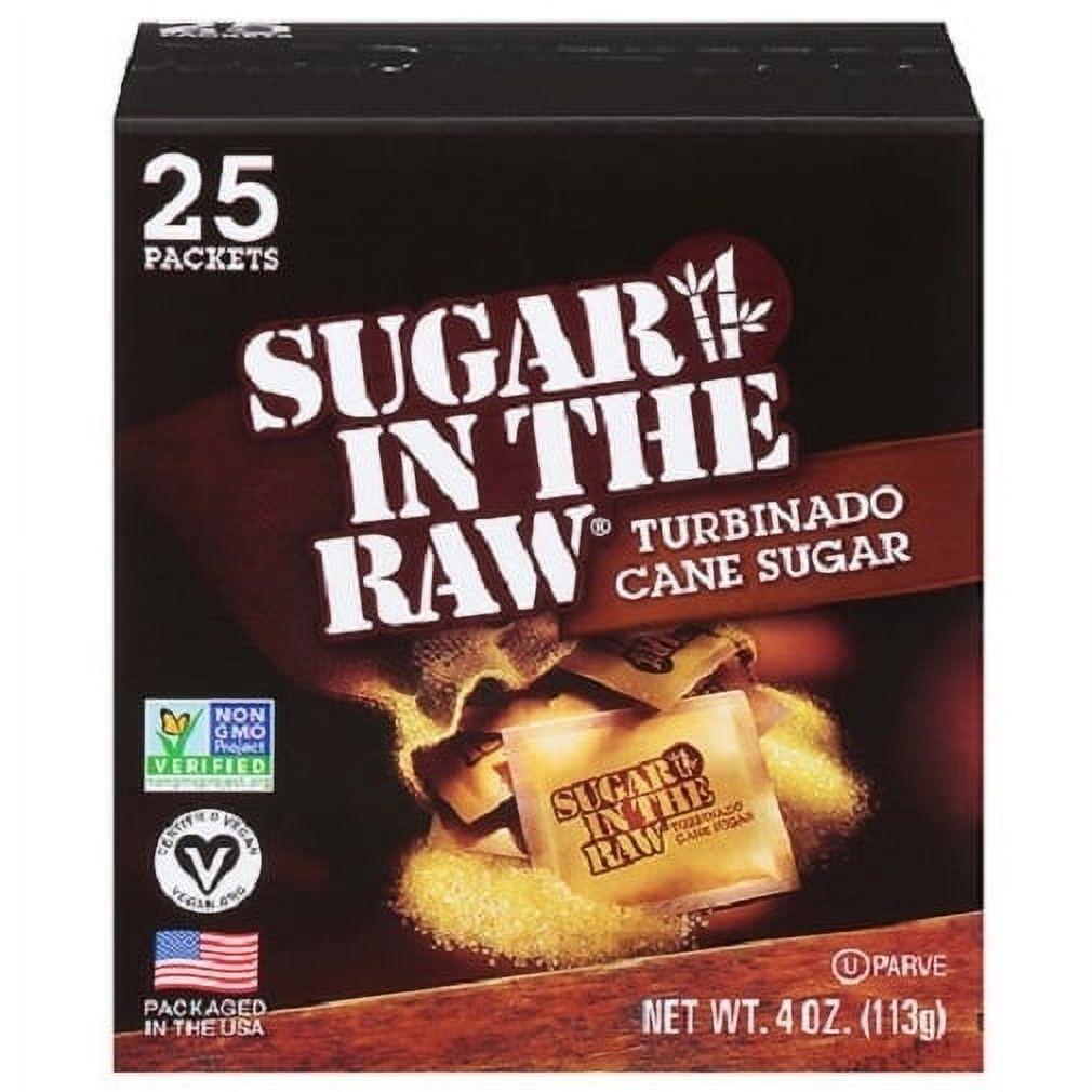 Packets of Sugar In The Raw Turbinado Cane sugar from Pasteur Pharmacy, natural brown sweetener for baking and beverages.