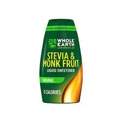 Bottle of Whole Earth Liquid Stevia and Monk Fruit Sweetener in a 1.62 fl oz squeeze bottle, zero calorie sugar substitute.