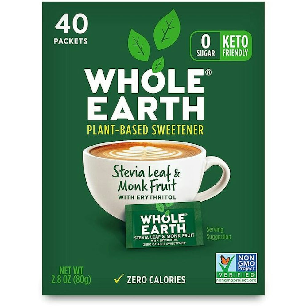 Whole Earth Stevia and Monk Fruit sweetener packets by Pasteur Pharmacy, 40-count, natural sugar and calorie-free alternative.