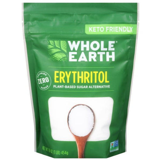 Whole Earth Sweetener Co. Erythritol in 16 oz package, natural sugar substitute for baking and sweetening beverages.