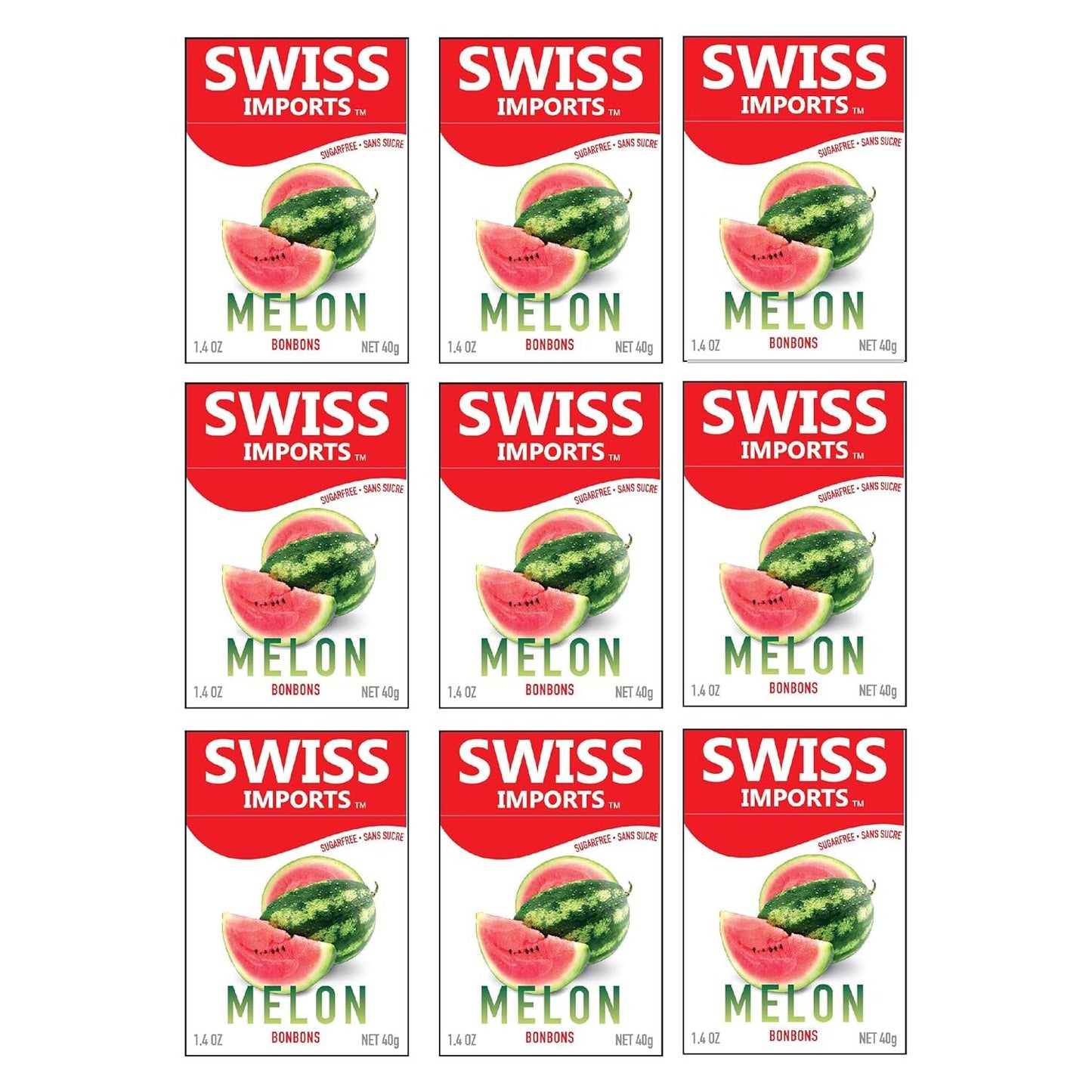 Swiss Imports Melon Sugarfree Candy Bonbons in 1.4oz package by Pasteur Pharmacy, showing colorful melon-flavored sugarfree candies.
