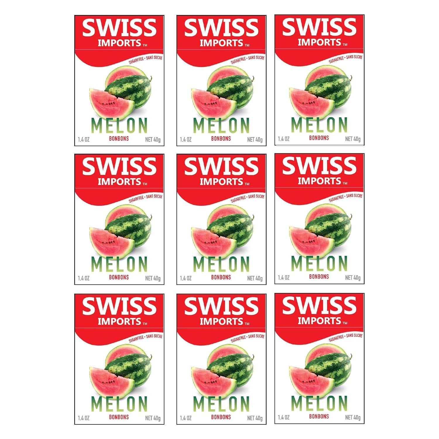 Swiss Imports Melon Sugarfree Candy Bonbons in 1.4oz package by Pasteur Pharmacy, showing colorful melon-flavored sugarfree candies.