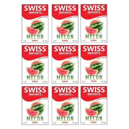 Swiss Imports Melon Sugarfree Candy Bonbons in 1.4oz package by Pasteur Pharmacy, showing colorful melon-flavored sugarfree candies.