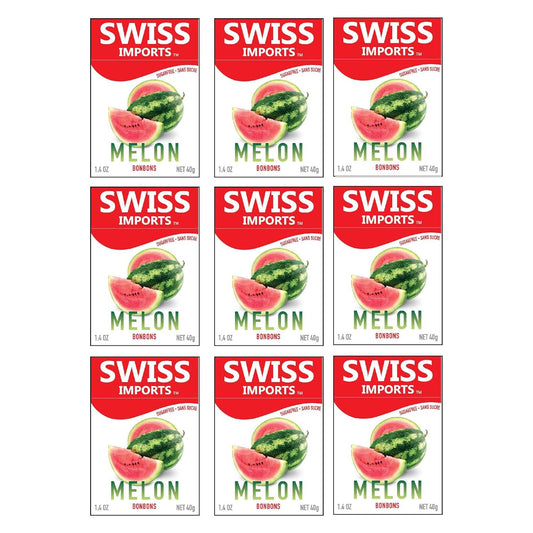 Swiss Imports Melon Sugarfree Candy Bonbons in 1.4oz package by Pasteur Pharmacy, showing colorful melon-flavored sugarfree candies.