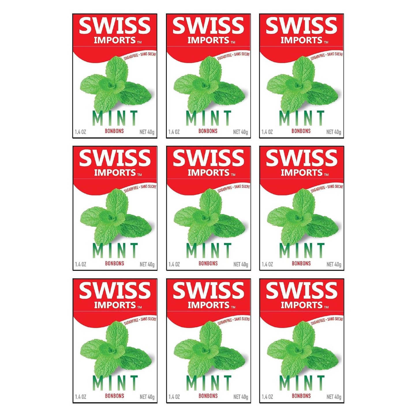 Swiss Imports Mint Sugarfree Candy Bonbons by Pasteur Pharmacy, 1.4oz, showing mint-flavored sugarfree candy pieces in a clear container.