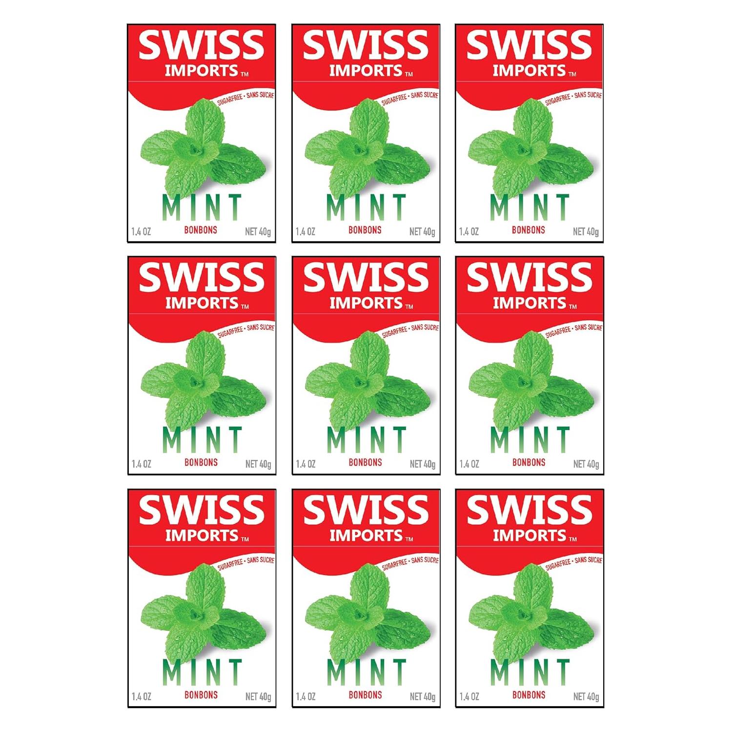 Swiss Imports Mint Sugarfree Candy Bonbons by Pasteur Pharmacy, 1.4oz, showing mint-flavored sugarfree candy pieces in a clear container.