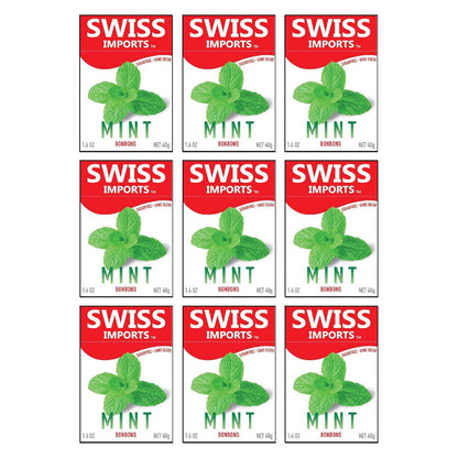 Swiss Imports Mint Sugarfree Candy Bonbons by Pasteur Pharmacy, 1.4oz, showing mint-flavored sugarfree candy pieces in a clear container.