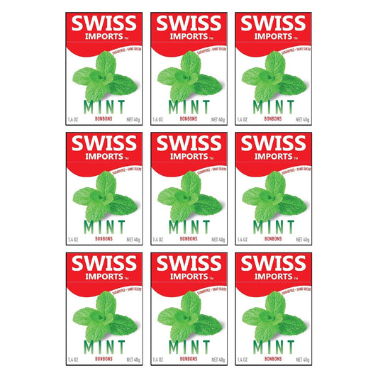 Swiss Imports Mint Sugarfree Candy Bonbons by Pasteur Pharmacy, 1.4oz, showing mint-flavored sugarfree candy pieces in a clear container.