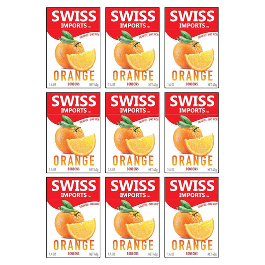 Swiss Imports Orange Sugarfree Candy Bonbons in a 1.4oz package, featuring bright orange color and glossy candy coating.