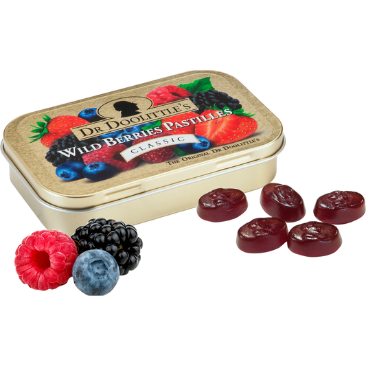 Dr Doolittle's Wild Berries Sugarfree Pastilles in 25-count, 60g package, natural berry-flavored sugarfree candies by Pasteur Pharmacy.