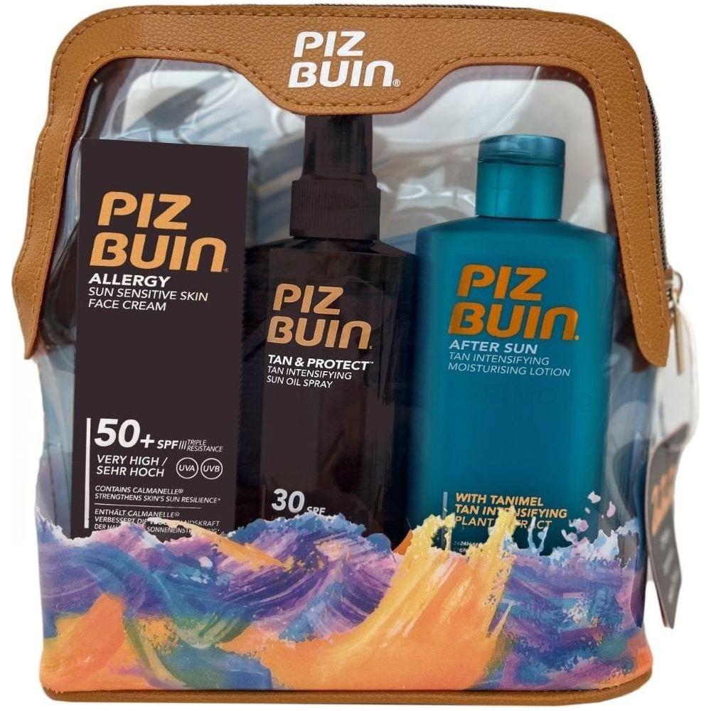 Piz Buin travel sun care set with allergy, tan protect, and after sun products in a 3-pack bag, designed for skin protection and soothing.