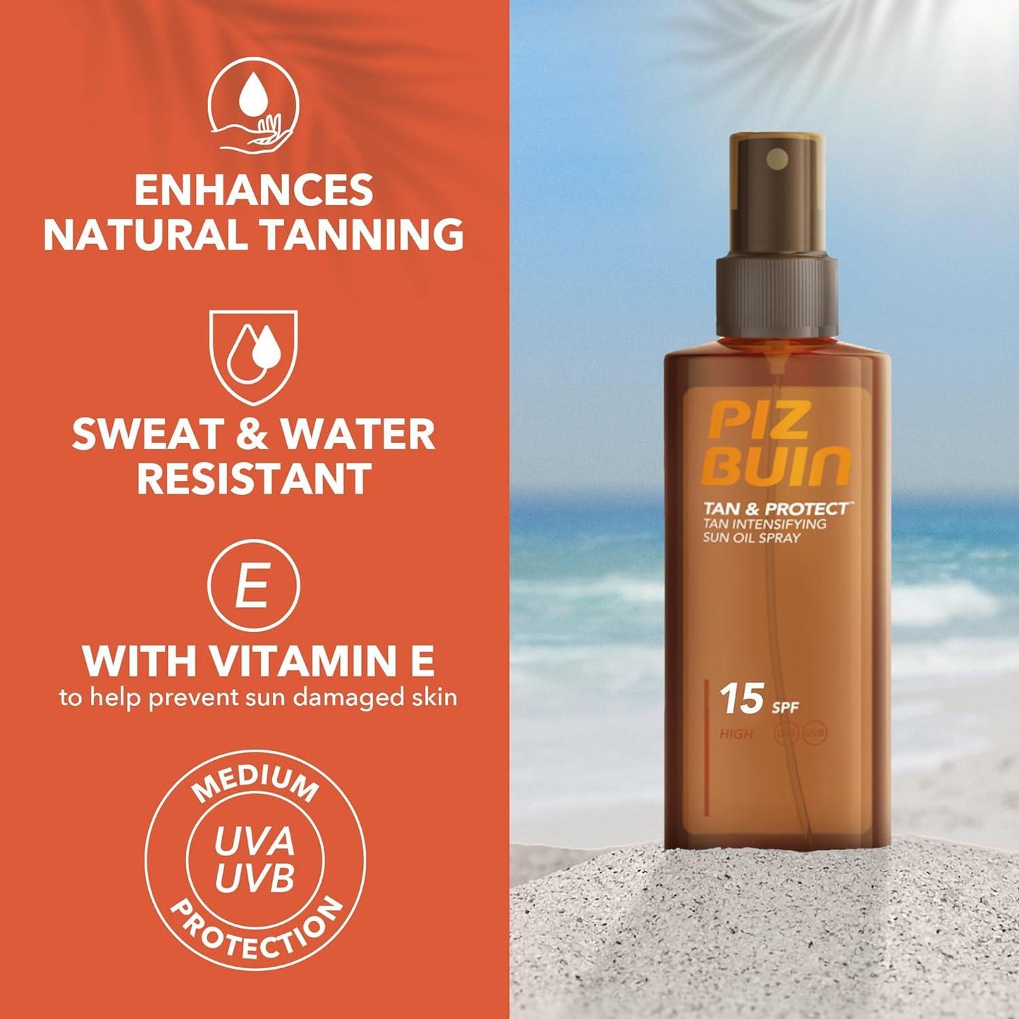Piz Buin Tan & Protect Sun Oil Spray SPF15 from Pasteur Pharmacy, 150ml, with a spray bottle for sun protection and tanning.