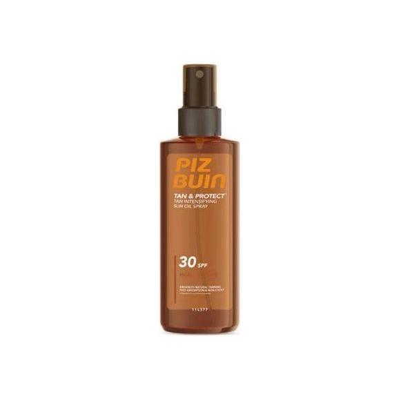 Piz Buin Tan & Protect Sun Oil Spray SPF30 in 150ml bottle, showing the spray nozzle and packaging for sun protection.